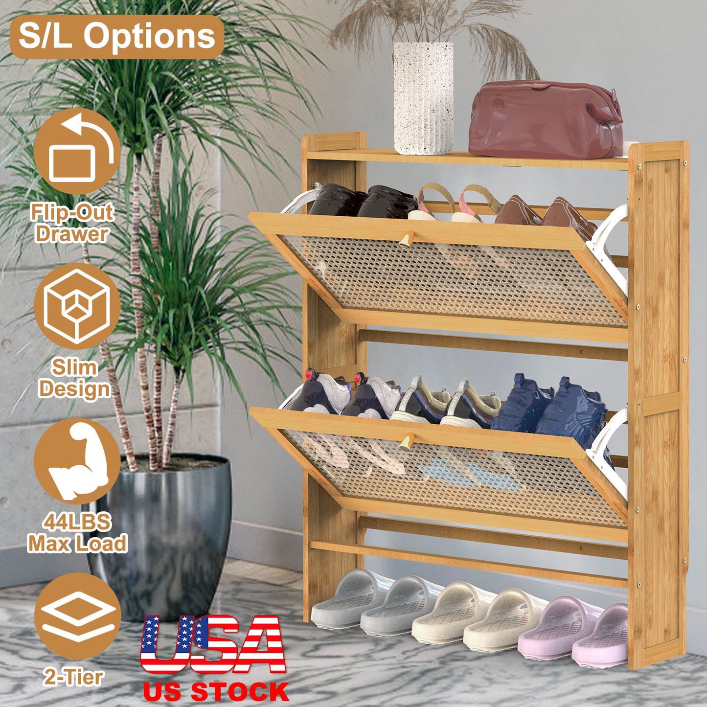 2-Tier Shoe CabinetÊwith 2 Flip Drawers Slim Bamboo Shoe Rack Freestanding Narrow Shoe Organizer with 44lbs Max Load for Entryway Hallway