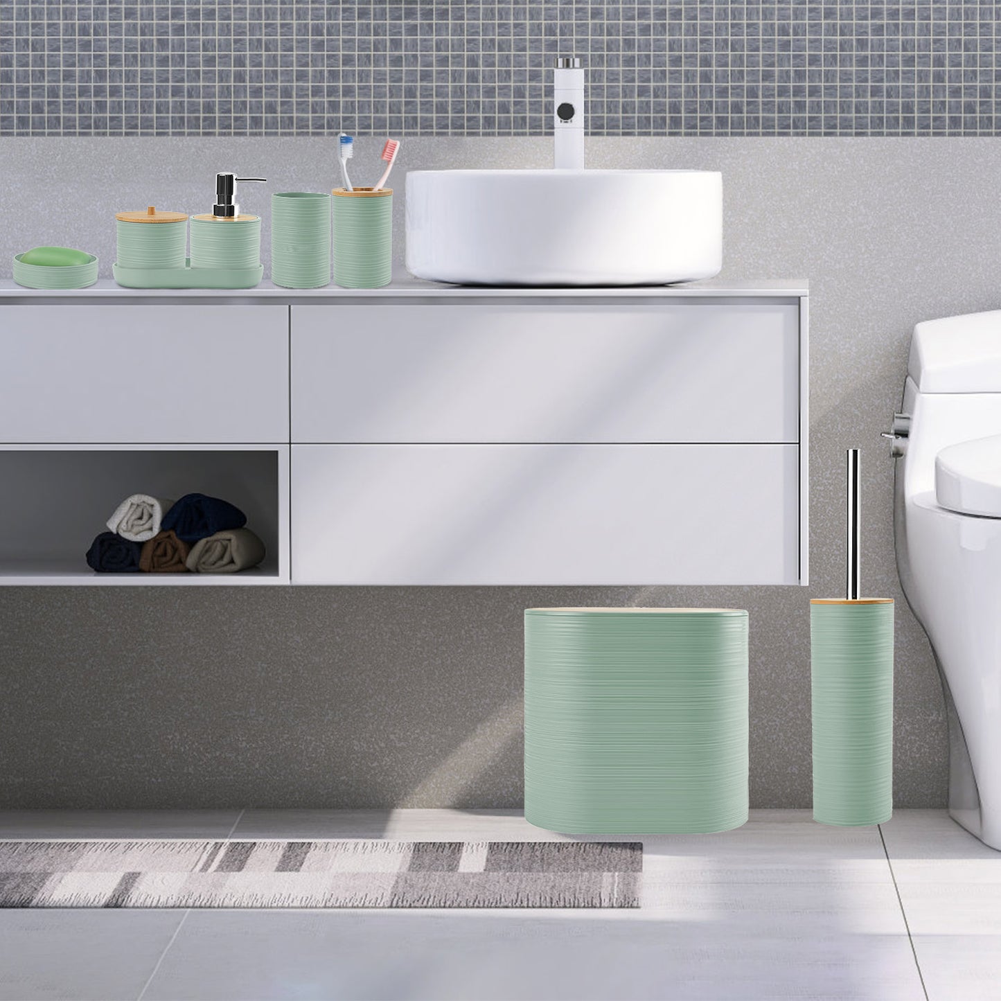 8Pcs Bathroom Accessories Set Bathroom Holder Set with Soap Dispenser Toothbrush Holder Cup Soap Dish Toilet Cleaning Brush Trash Can Qtip Holder Vani