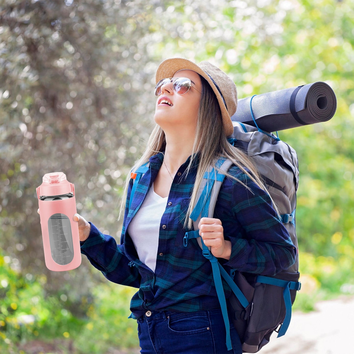 34Oz Glass Water Bottle Sports Water Bottle Motivational Water Bottle Water Intake Tracker Bottle with Straw Time Marker Silicone Sleeve Handle for Gy