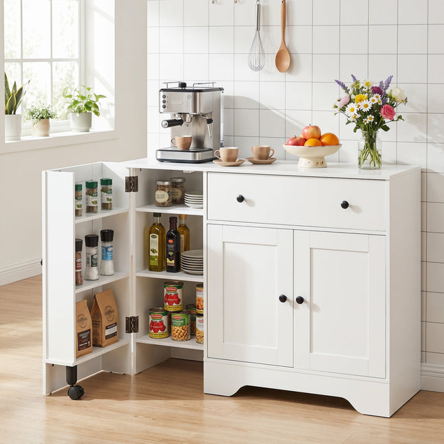 Coffee Bar Cabinet with Rolling Wheels and 3 Doors - 41.5"