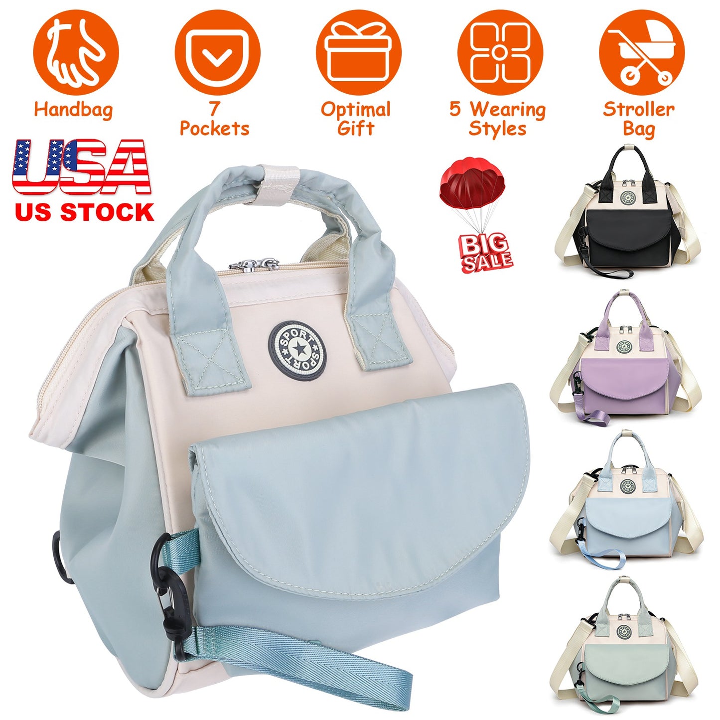 Baby Nappy Diaper Bag with 6 Pockets Burp Cloth Adjustable Shoulder Strap Detachable Small Bag Multifunctional Diaper Changing Bag with 2 Insulated Po
