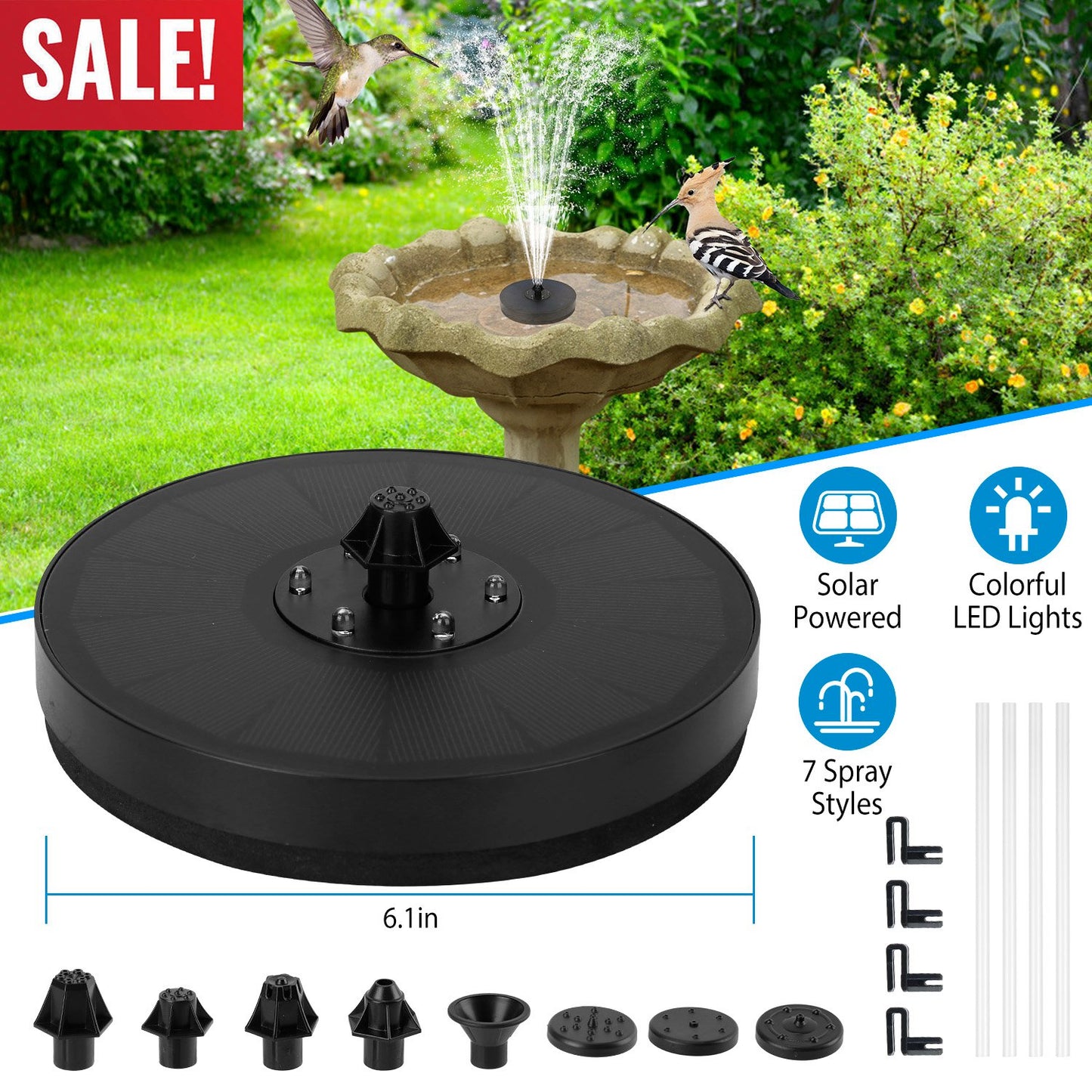 Solar Powered Fountain Pump Floating Bird Bath Pond Pump w/ LED Lights 7 Nozzles For Aquarium Garden Backyard Pond Pool Outdoor