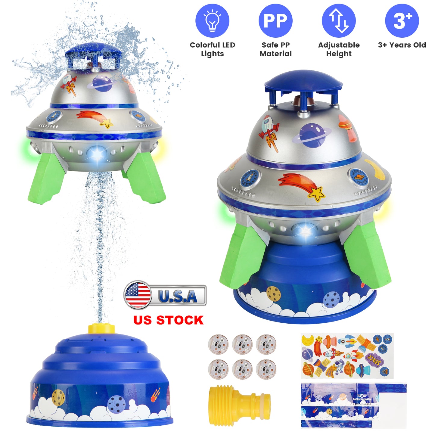 UFO Water Sprinkler Outdoor Summer Rocket Toy With Colorful LED Lights 360¡ Spinning 1.64FT To 6.56FT Adjustable Height Birthday Summer Gift For Girls
