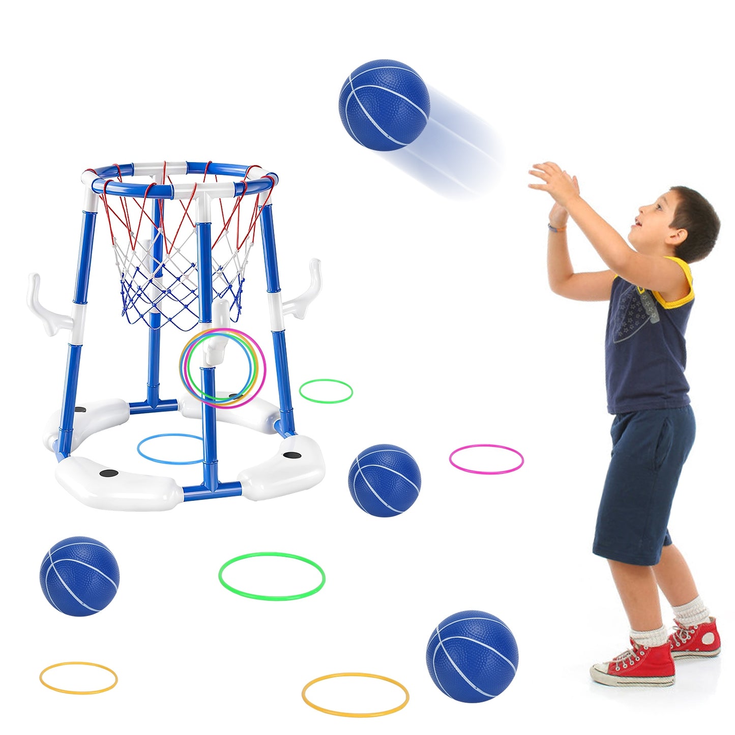 Summer Pool Basketball Hoop Toy Set With 4 Basketballs 4 Circles Pump Floating Swimming Pool Basketball Games Poolside Water Play Toy For 3-12Years Ol