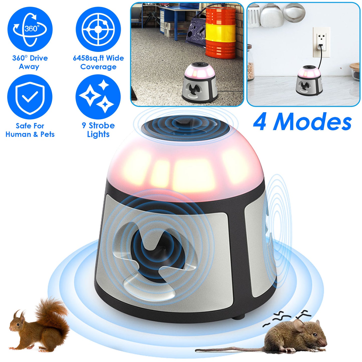 360¡Ultrasonic Mice Repellent Indoor Rodent Repeller Rat Squirrel Rodent Control Device with 4 Modes 9 Strobe Lights Alarm Horn for Kitchen Warehouse