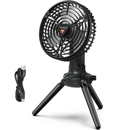 Foldable Camping Fan with Emergency Power Bank 270¡ Oscillating Rechargeable Tripod Fan for Hiking Fishing Personal Desk Fan with 4 Speeds 3 Brightnes