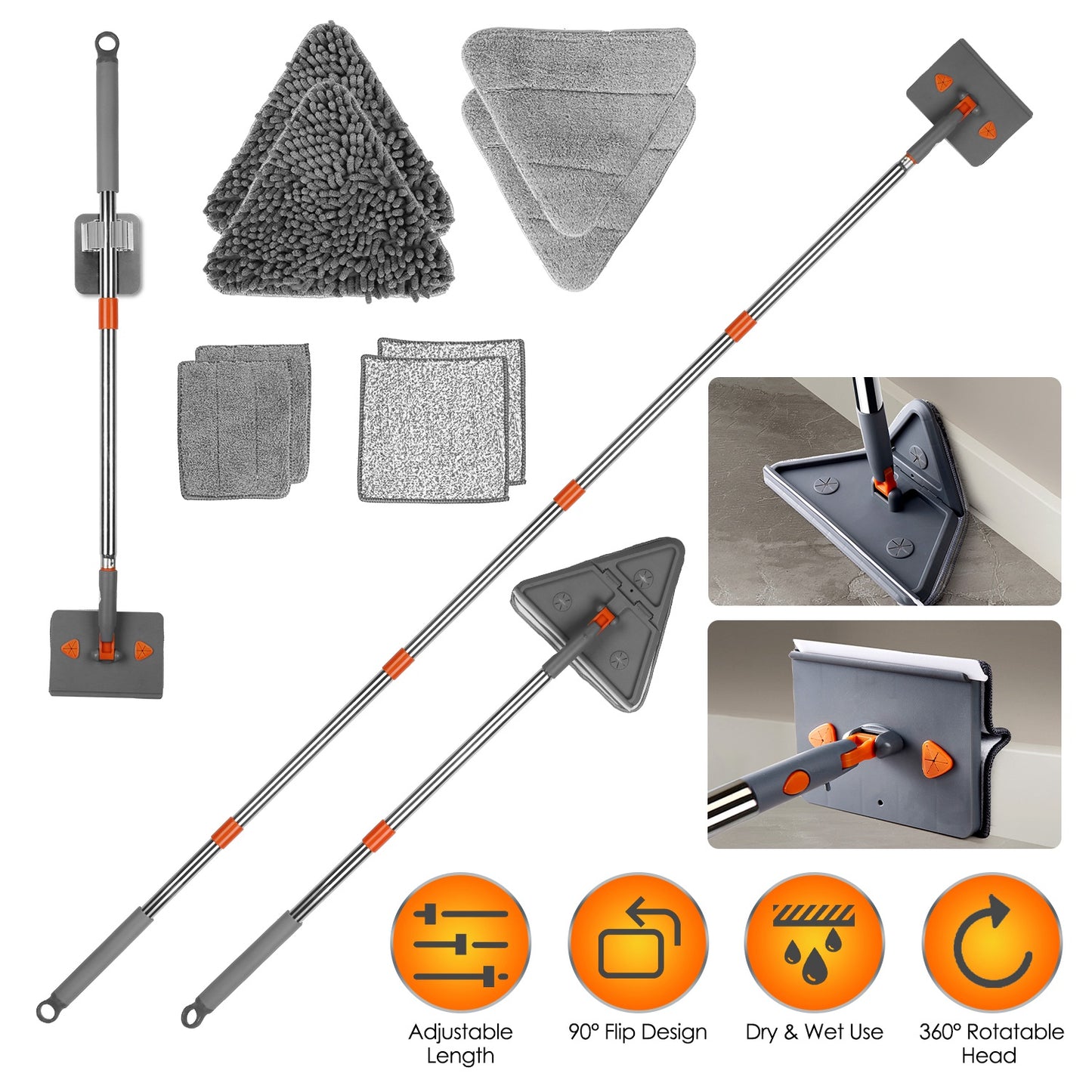 2 In 1 Baseboard Cleaner Mop Wall Cleaner Mop With Squeegee Extendable Long Handle 8 Reusable Fiber Flannel Chenille Mop Pads 360¡ Rotatable Convex De