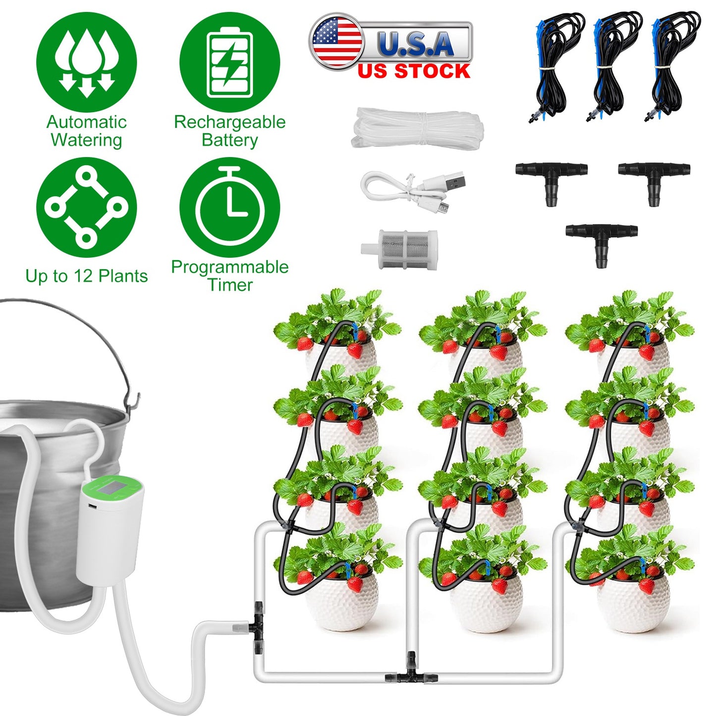 Automatic Watering System Kit With Timer Pump Device For 12Plants Rechargeable Battery Programmable Plant Watering Timer Drip Irrigation System For In