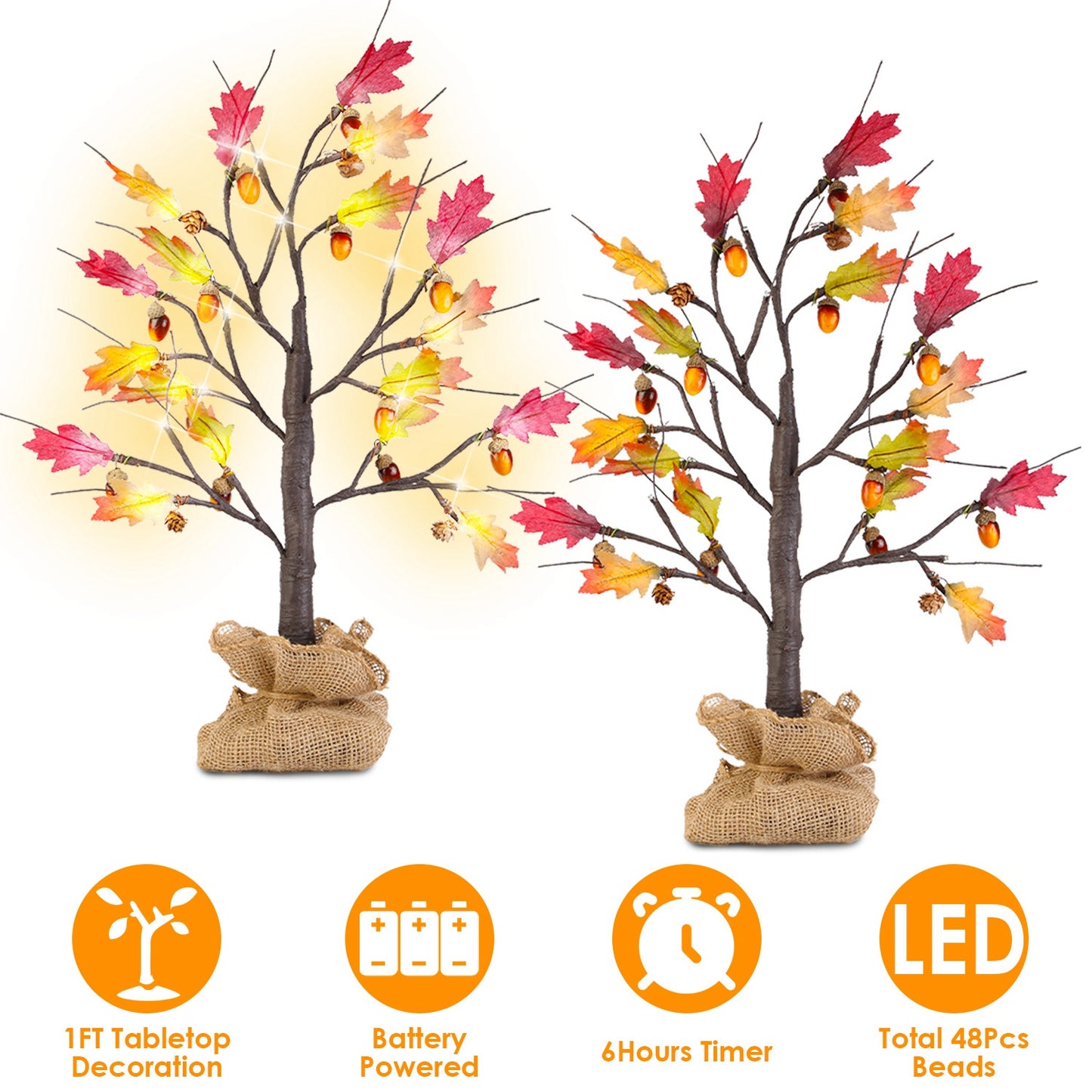 2Pcs 2FT Artificial Lighted Maple Tree With 24Pcs Warm White LED Beads 6Hrs Timer Battery Powered Artificial Fall Tree Tabletop Indoor Outdoor Fall De