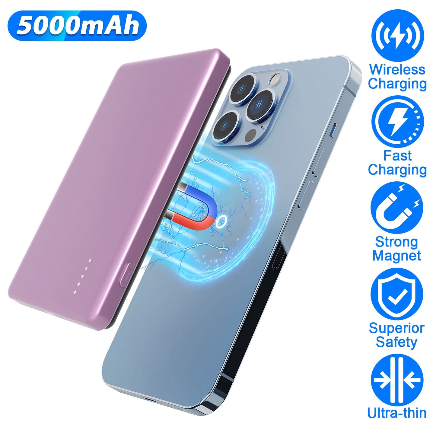 2 In 1 5000mAh 8MM Slim MagSafe Wireless Power Bank PD20W Magnetic Fast Charger Portable Phone Charger Fit for IOS Phone 15 14 13 12 Series And More