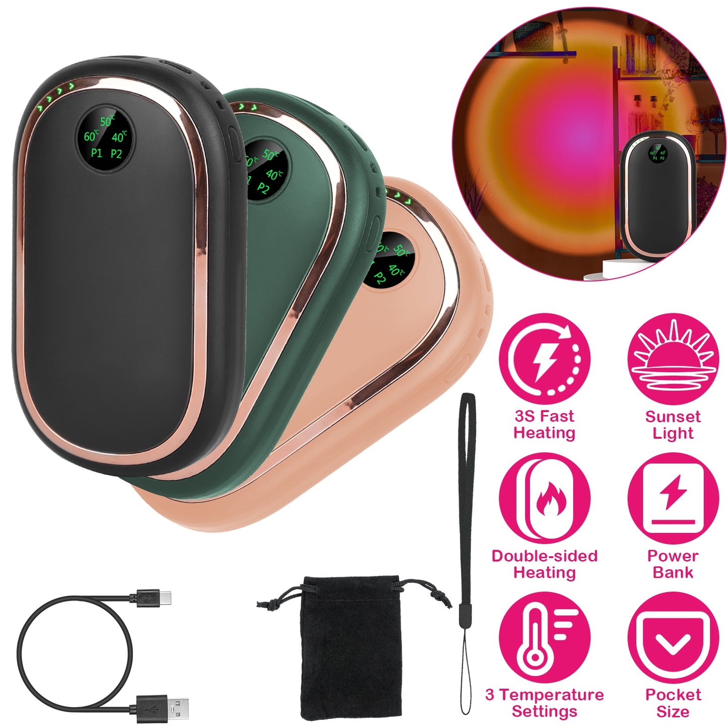 Rechargeable Hand Warmer Electric Hand Heater Portable Reusable Pocket Warmer Power Bank with Digital Display Sunset Light 3 Levels Double-sided Heati