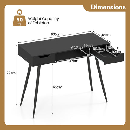 42.5" Mid Century Modern Writing Desk with Metal Leg and Drawers