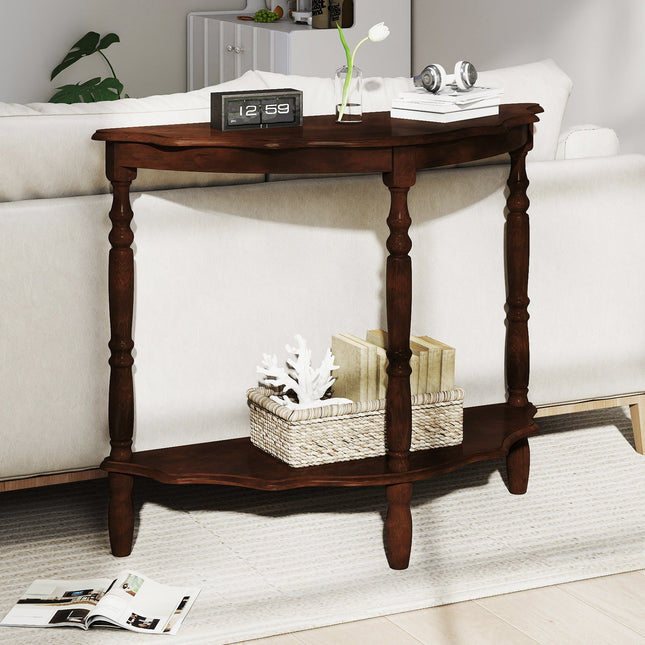 42 Inch Half Moon Console Table with Shelf and Rubber Wood Legs-Espresso