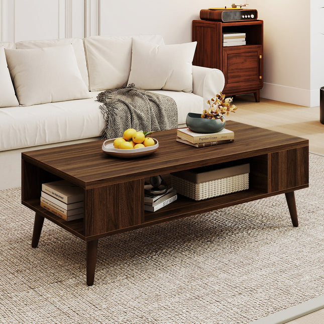 42 Inch Mid Century Modern Coffee Table Rectangular with Open Compartment-Walnut