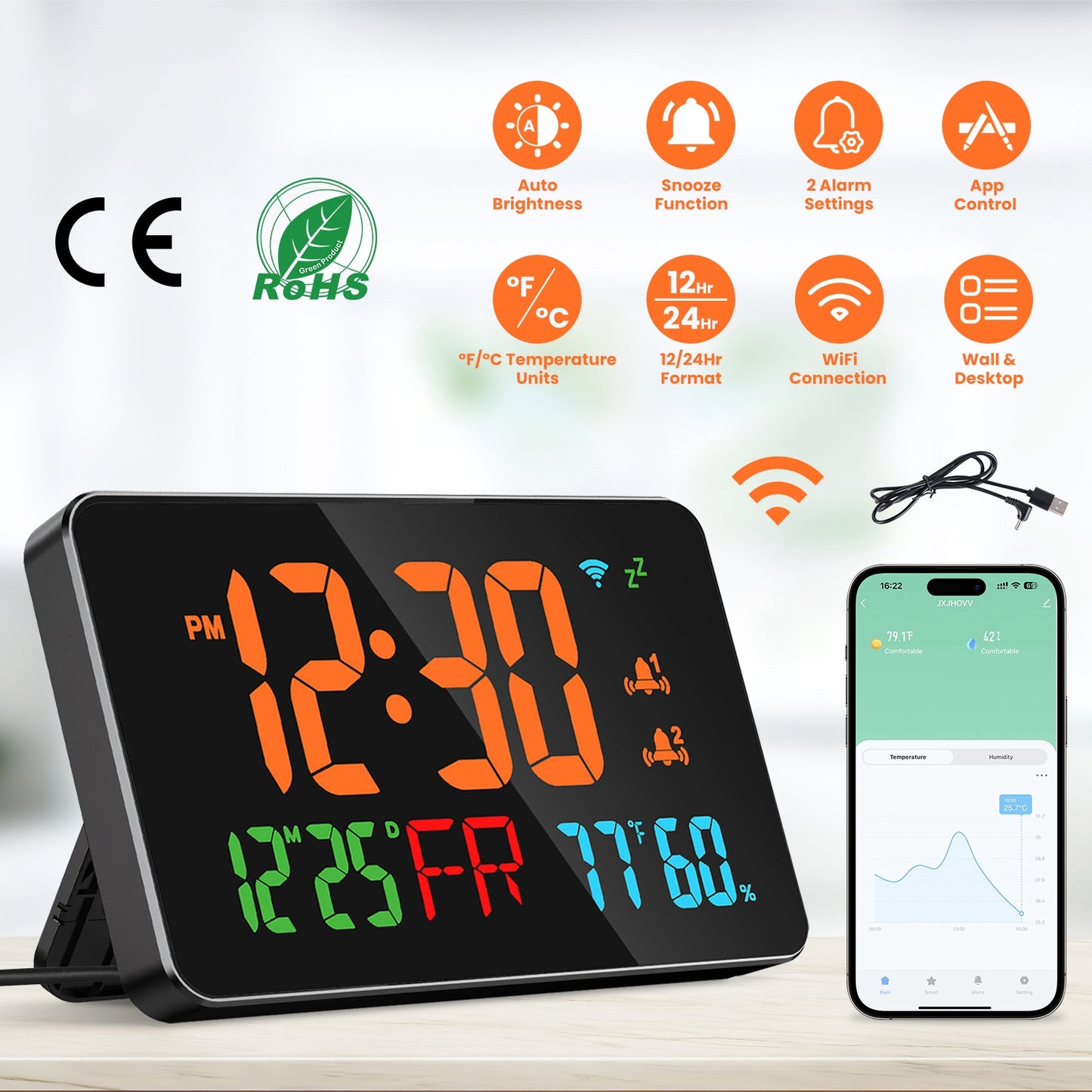 WiFi Auto Set Alarm Clock LED Digital Clock With 2 Alarm Setting Snooze 4 Brightness Levels Auto Light Sensing Temperature Humidify Monitor App Contro