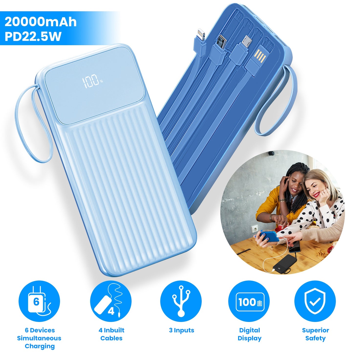 PD22.5W Fast Charger 20000mAh Fast Charging Power Bank Portable Charger with 4 Inbuilt Cables Digital Display Handle Fit For IOSPhone 15/14 Android An