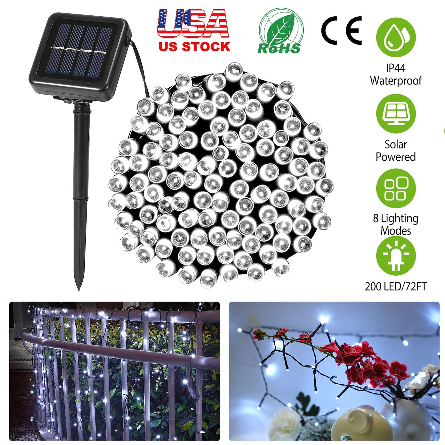 Solar String Lights LED Solar Power Fairy String Light 22M 200 LEDs 8 Lighting Mode White Light Waterproof Starry String Lights Christmas Wedding Part