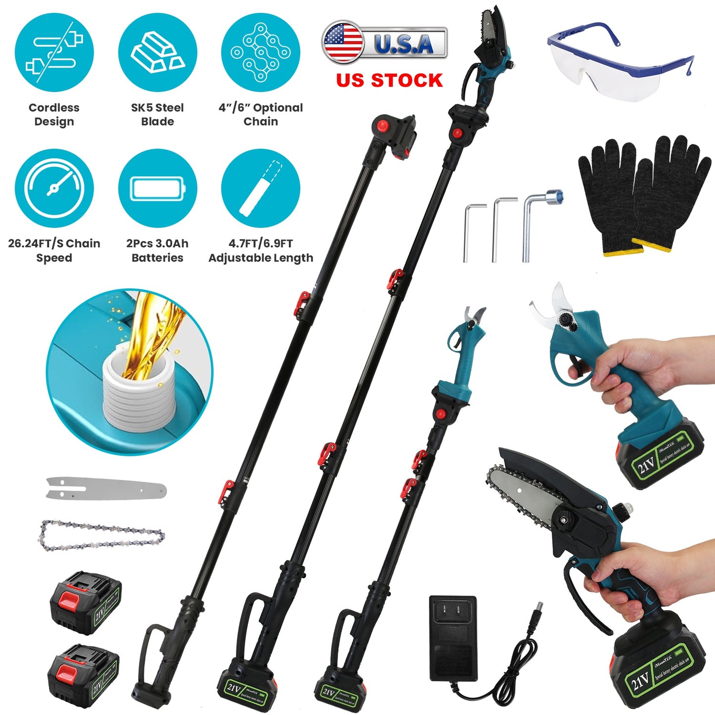 4 in 1 Cordless Pruning Shear and Electric Chainsaw With Max 5.5FT Extension Poles 4Ó/6Ó Pole Saw SK5 Blade Brushless Pruning Shear With 2Pcs 3.0Ah Ba