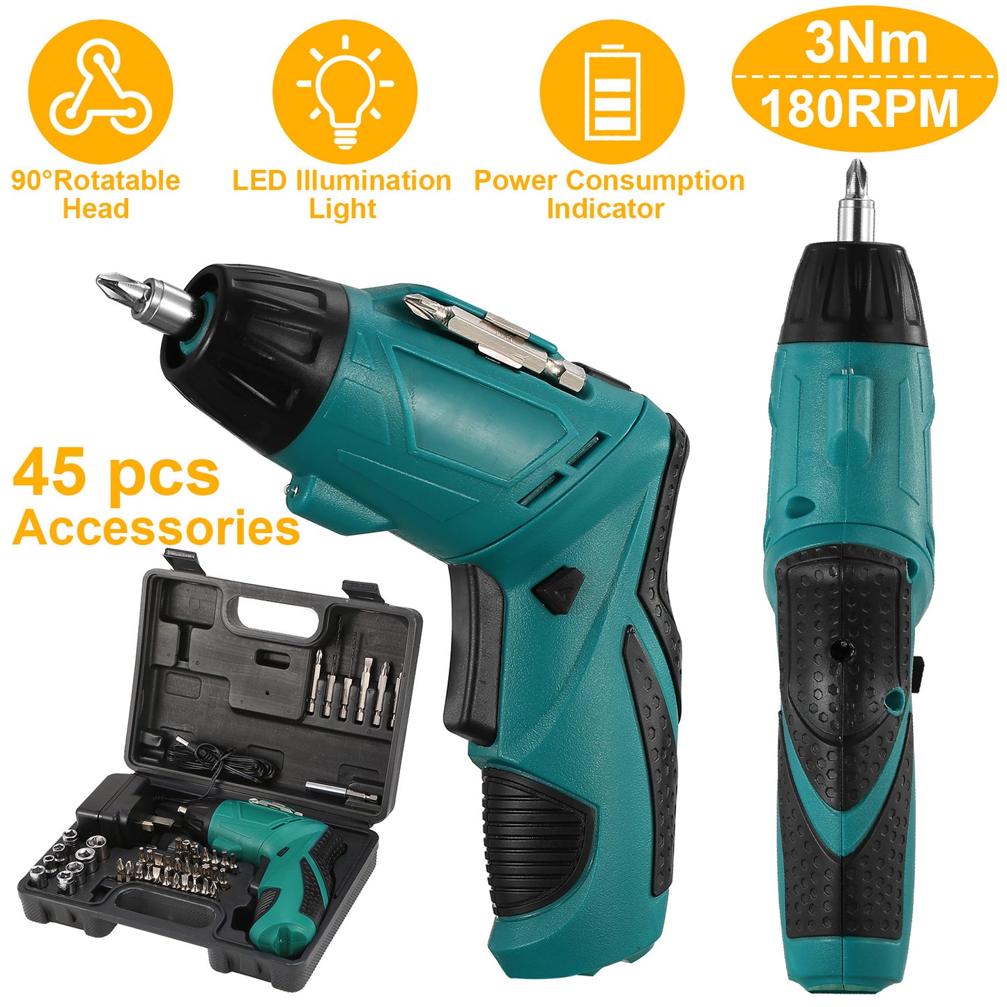 Cordless Electric Screwdriver Set Rechargeable 4.8V Drill Driver w/45 Drill Bits Carrying Case