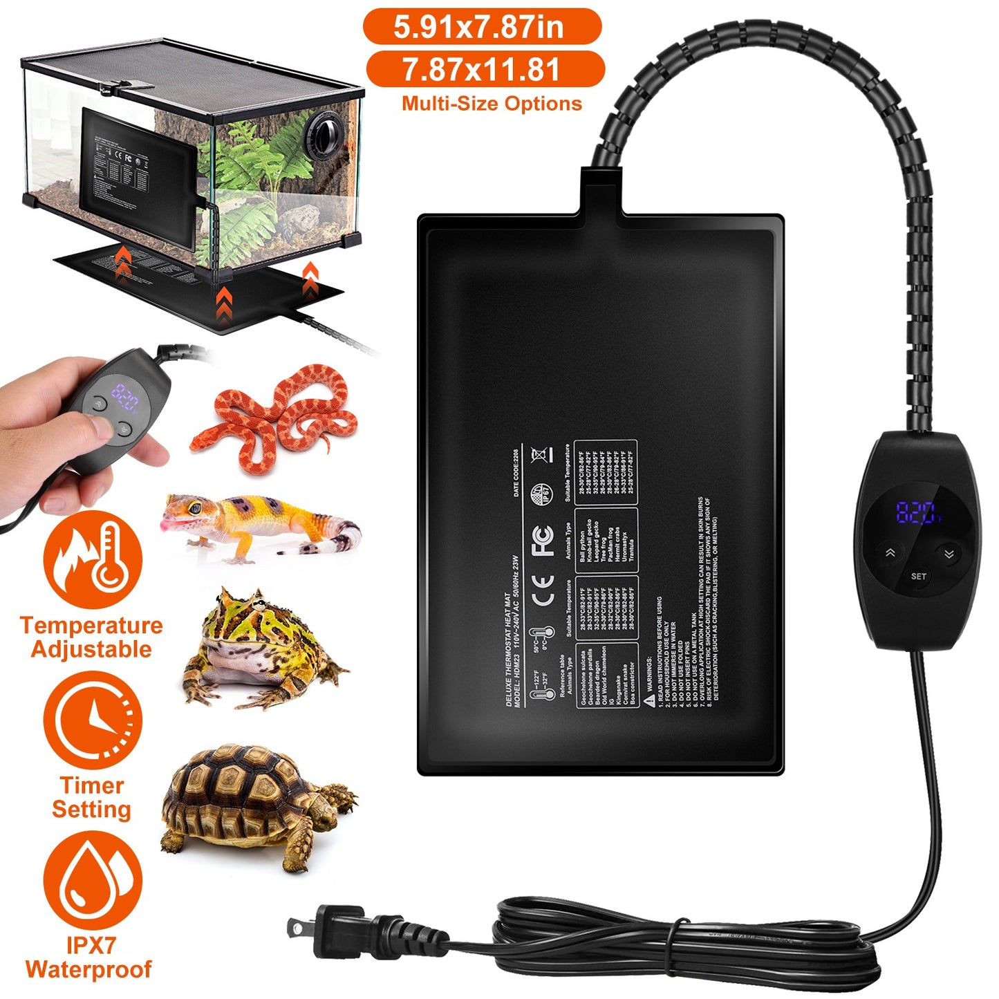 Electric Reptile Heating Pad With 32-122¡F Temperature Adjustment IPX7 Waterproof Timer Setting Under Tank Heating Mat for Lizards Turtles Snake Spide