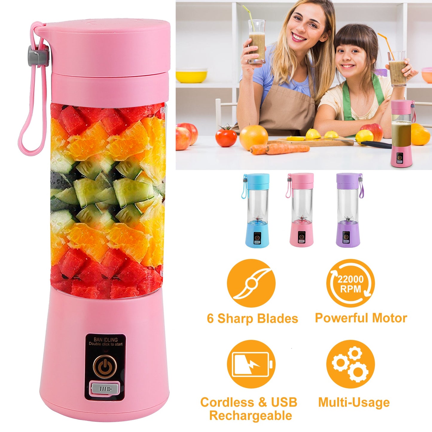 Portable Juicer Blender USB Rechargeable Juicer Cup Fruit Baby Food Mixing Machine w/ 6 Blades Powerful Motor