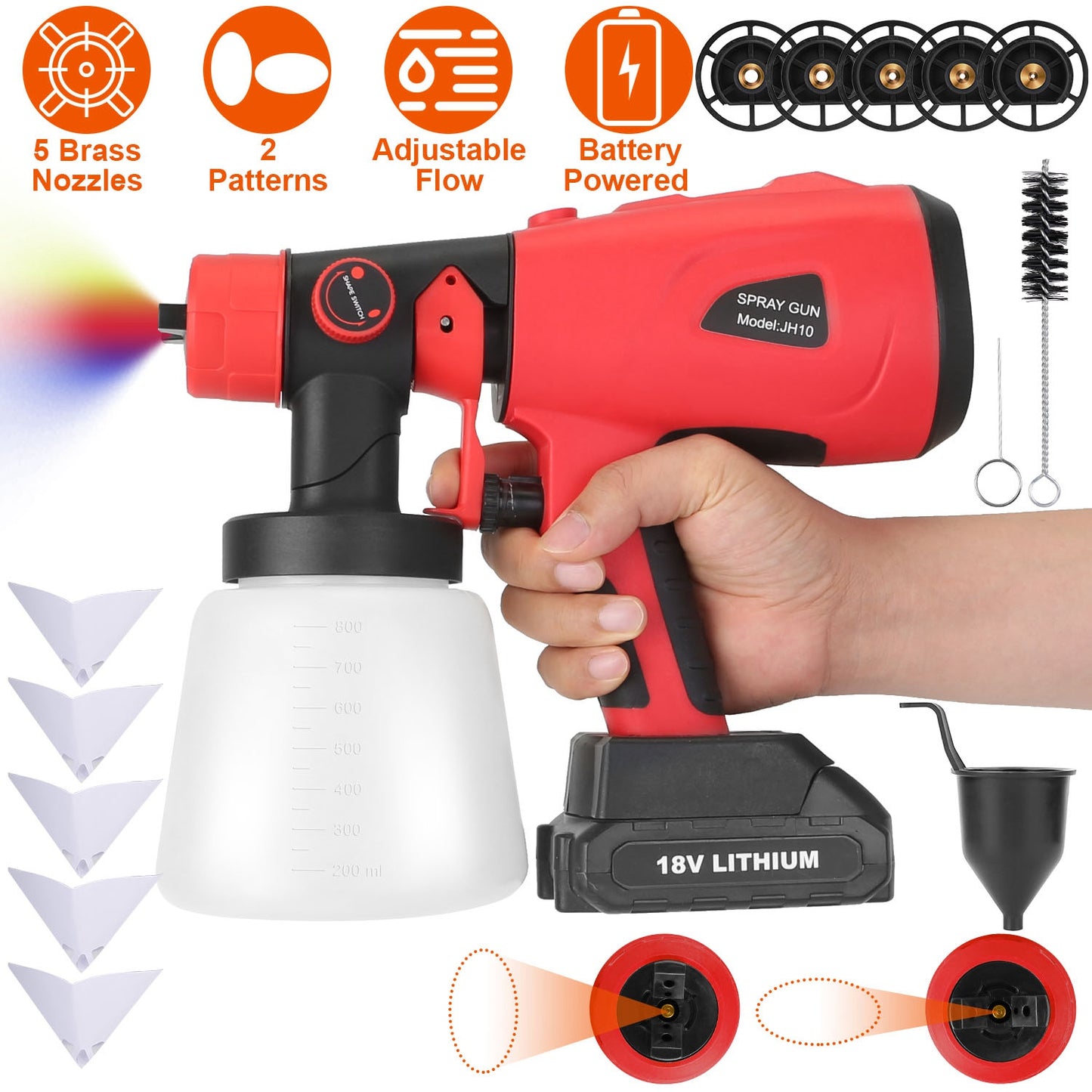 Portable Battery Powered ElectricÊPaint SprayerÊHVLP Spray Painting Gun Handheld Painter with 2 Spray Patterns 5 Nozzles 800ML Detachable Cup Flow Adj