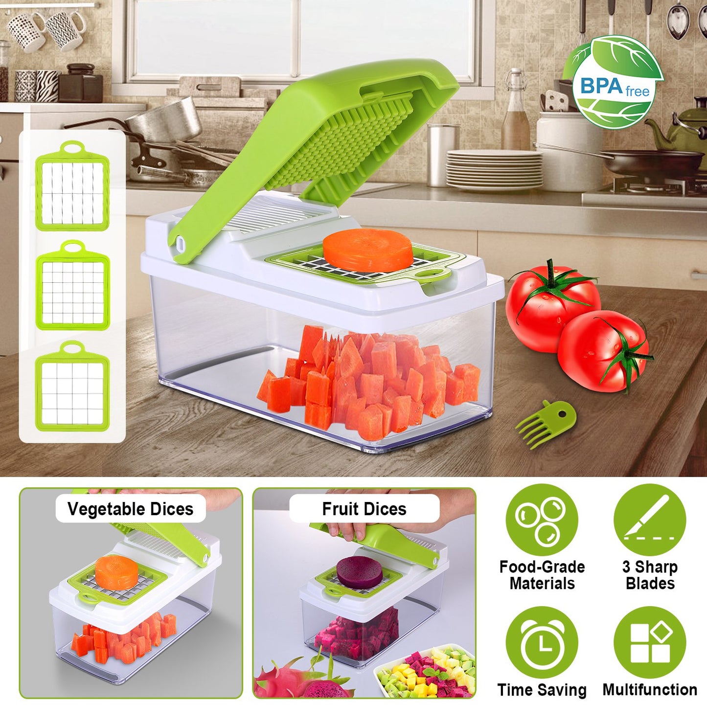 Vegetable Slicer Quick Potato Tomato Fruit Cutter Set w/3 Blades Stainless Steel Food Chopper