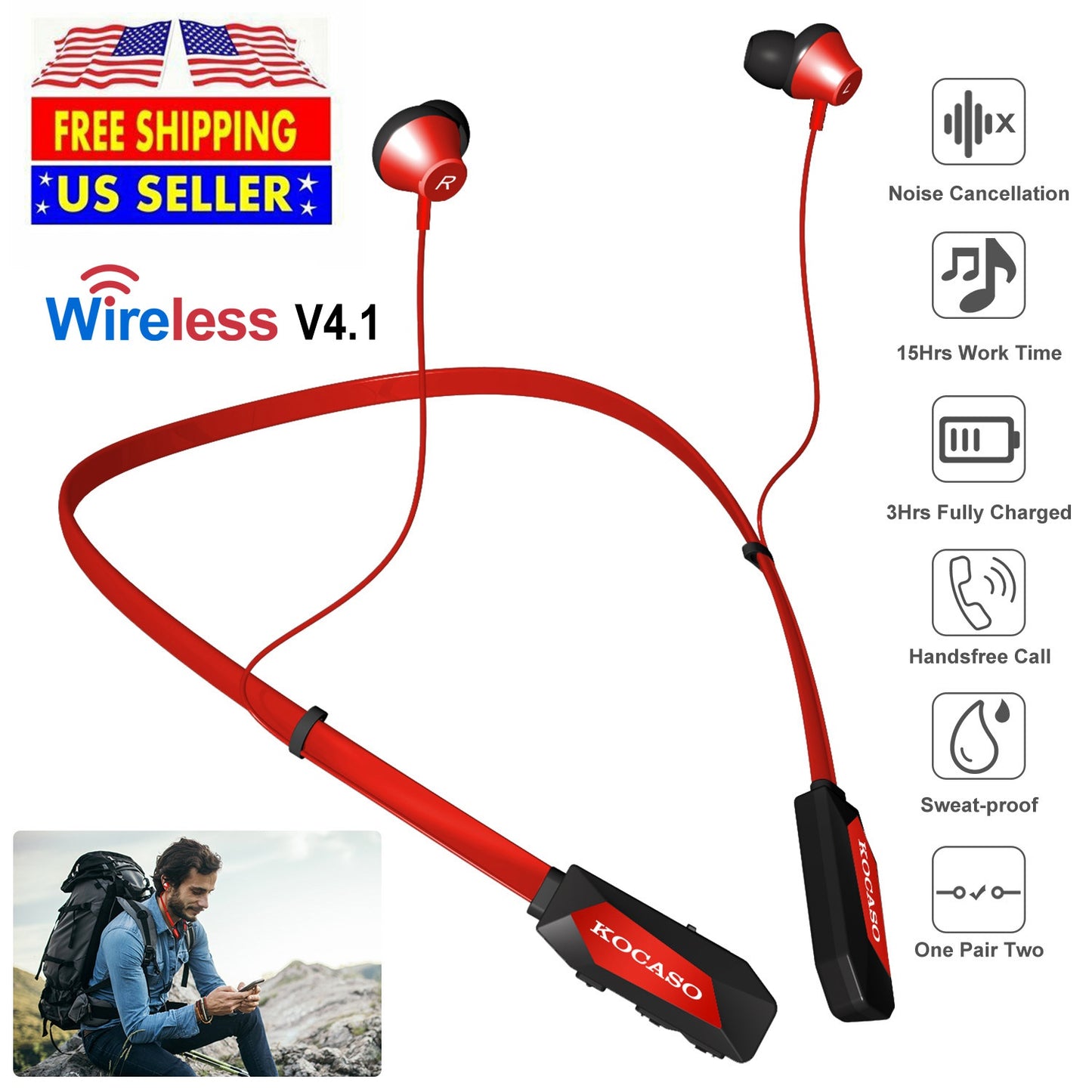 Wireless Neckband Headphones V4.2 Sweat-proof Sport Headsets Earbuds In-Ear Magnetic Neckbands Stereo Earphone Deep Bass Earphone w/Mic 15Hrs Work Run