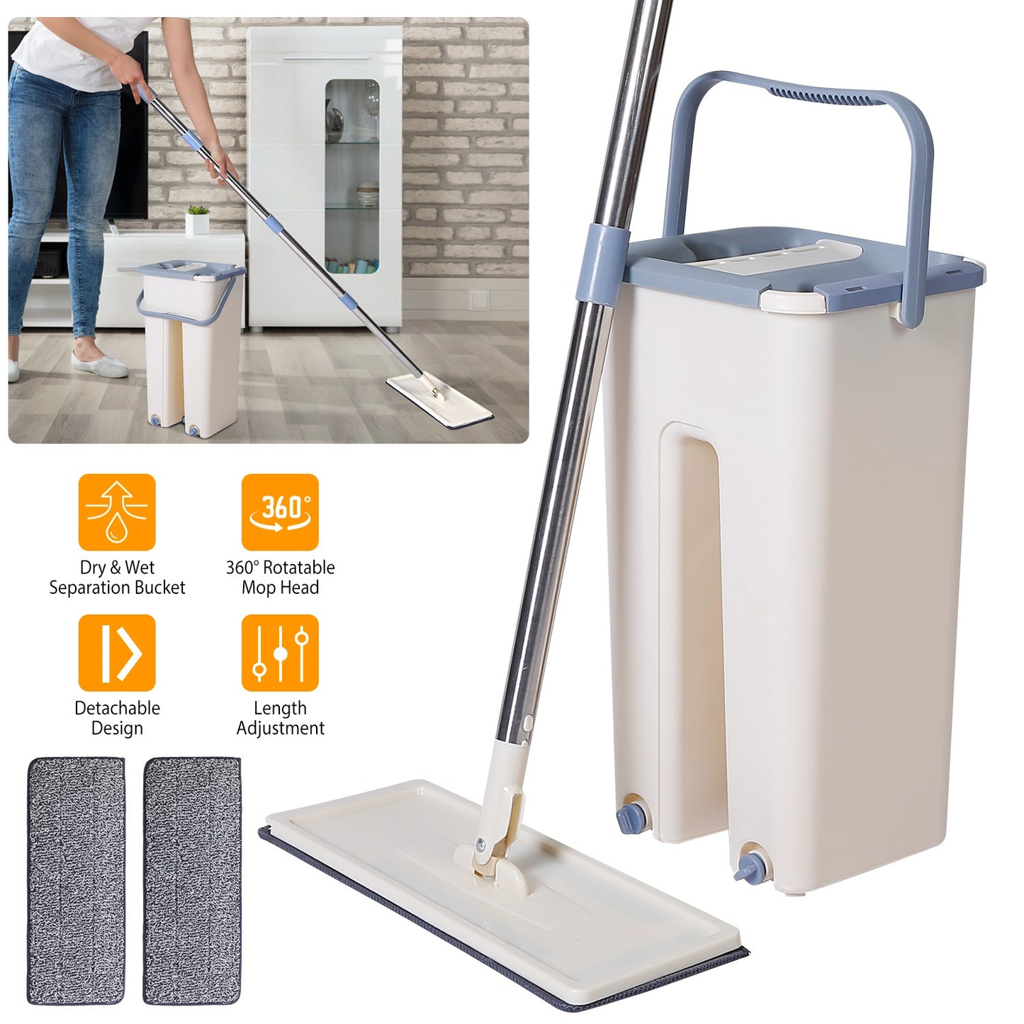 Flat Floor Mop Bucket Set Self Cleaning Wet Dry Usage with 2Pcs Reusable MicrofiberÊMop Pads