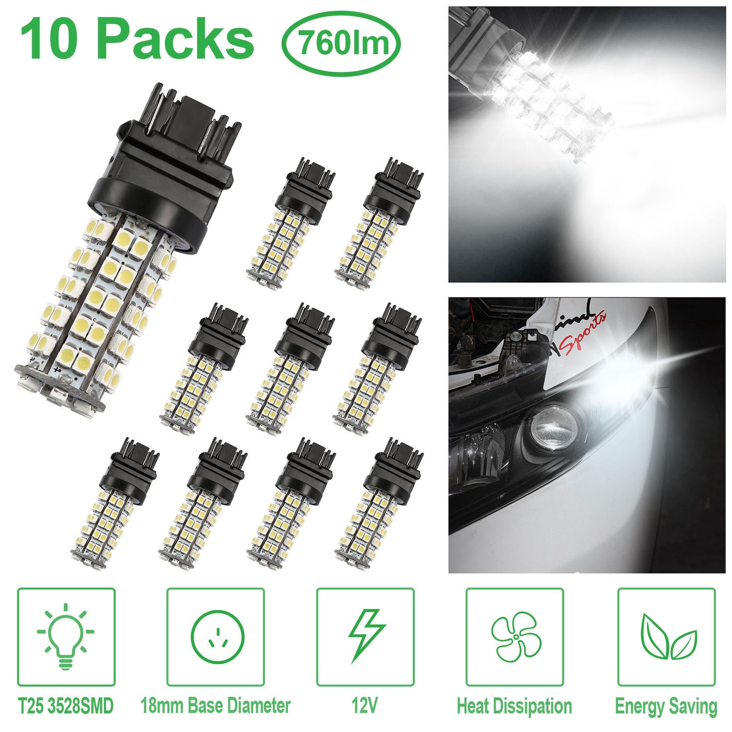 10Pcs/Kit LED Car Light Bulbs 760lm T25 3528SMD 6000K Pure White Auto Lamps Replacement for Dome Map Door Trunk Signal License Plate