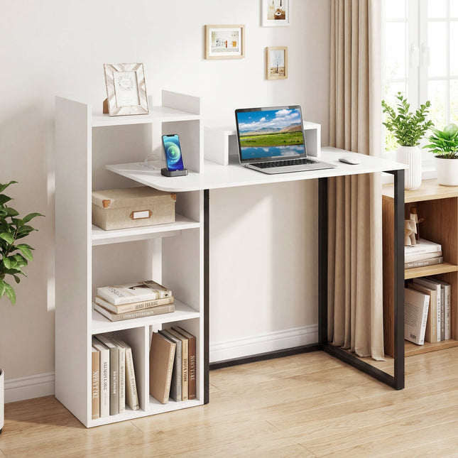 43.5" Computer Desk with Charging Station and Ergonomic Monitor Stand-White