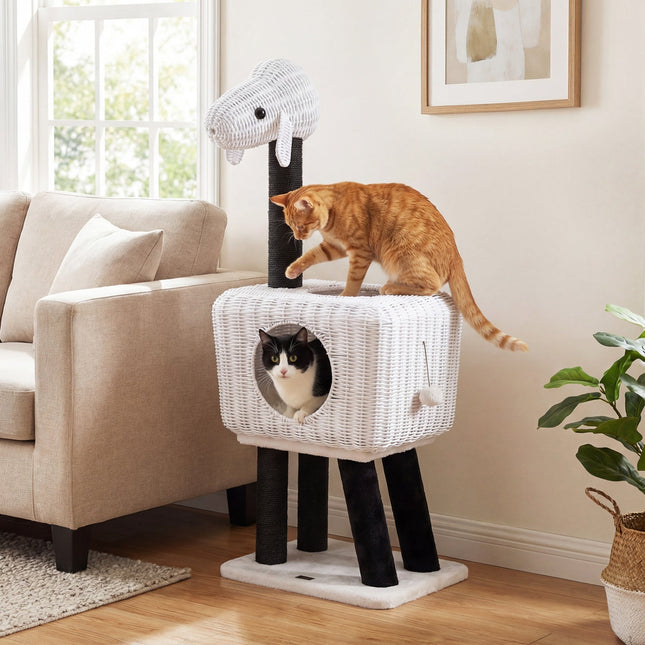 43-Inch Lamb-Shaped Cat Tower with 2-Door Rattan Condo for Indoor Kittens