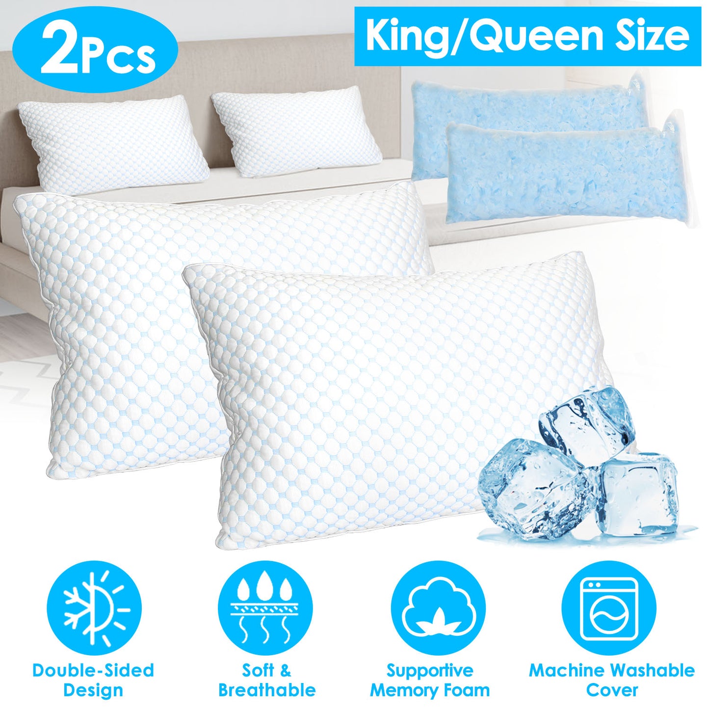 2 Pack Shredded Memory Foam Pillows Adjustable Cool Pillows with Extra Filling Machine Washable Cover for Side Back Stomach Sleepers