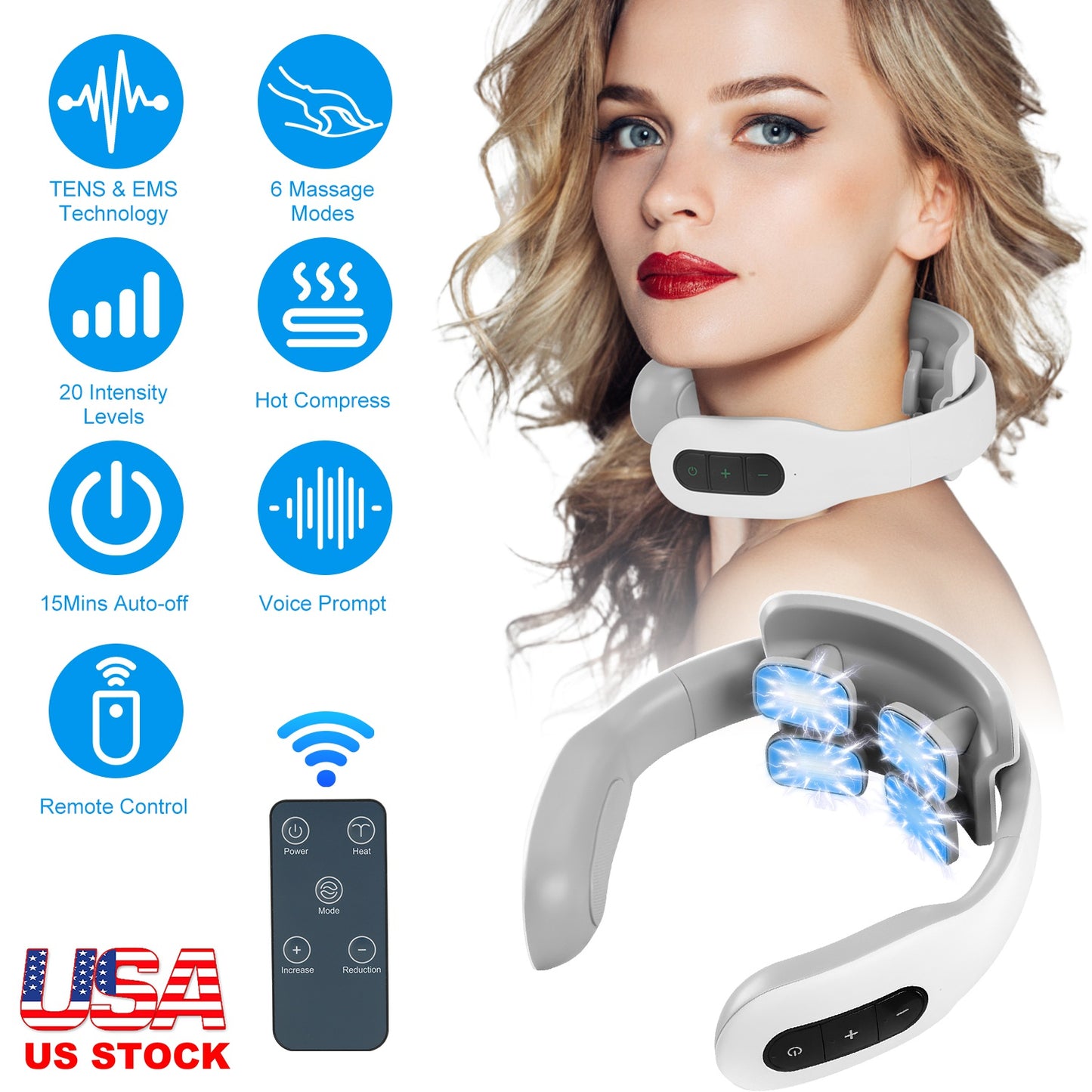 4 Head EMS Neck Massager with Heat Cordless Cervical Neck Massager EMS Neck Massager with 6 Modes 20 Intensity Levels Remote Control Voice Prompt