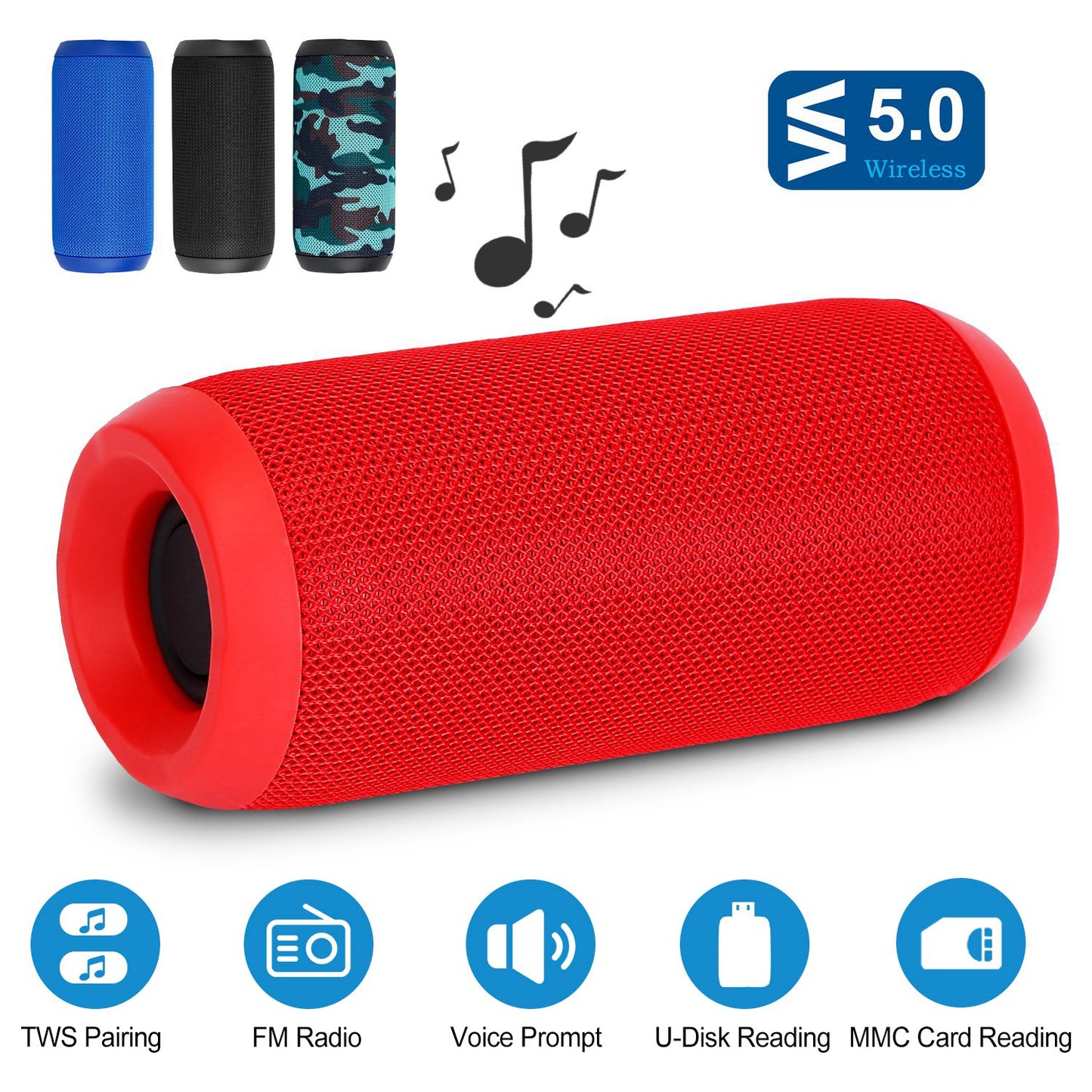 Wireless Speaker Portable TWS Music Speaker IPX5 Waterproof Outdoor Stereo Audio Speaker Support U Disk/MMC Reading FM