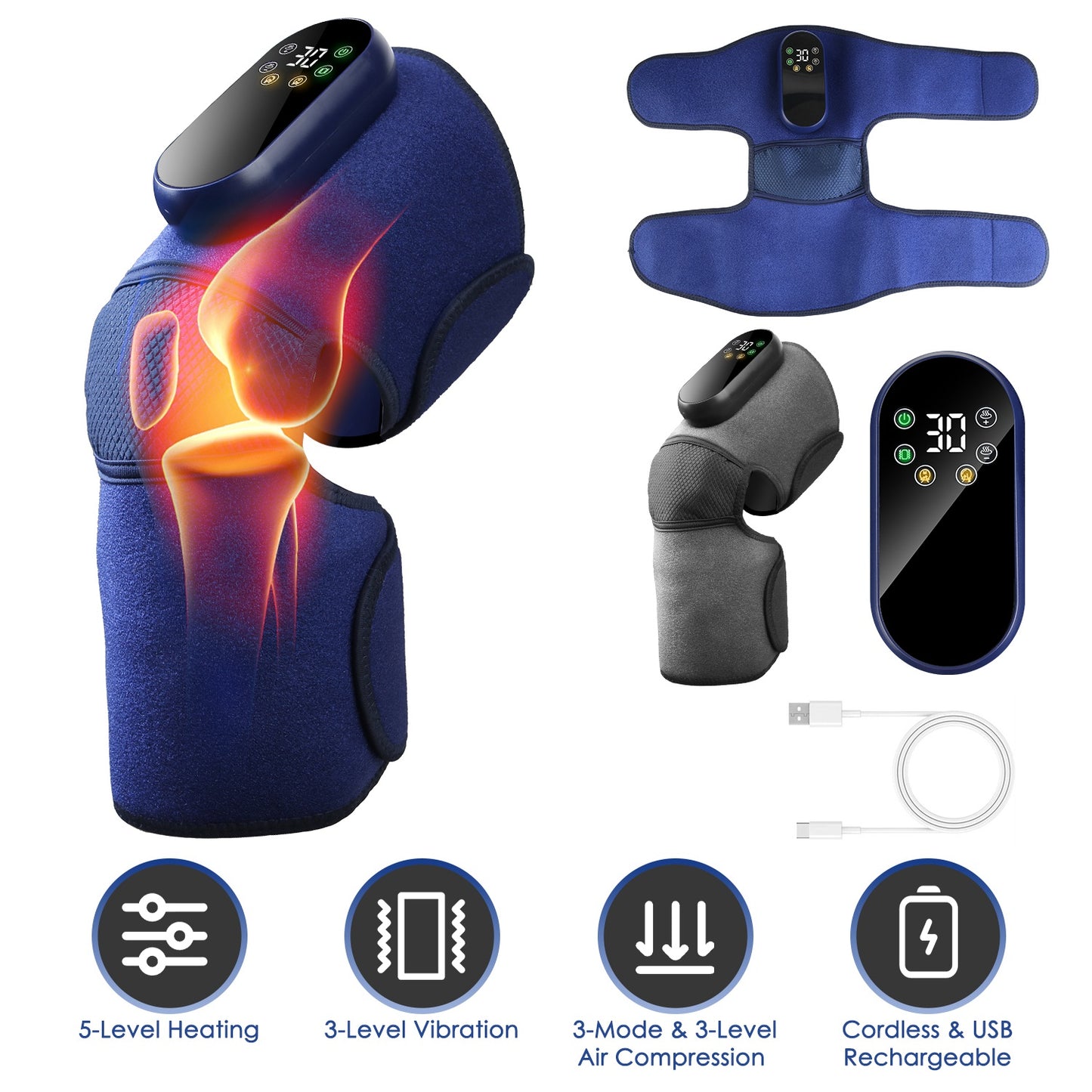 Cordless Knee Massager Heated Knee Brace Wrap Electric Knee Heating Pad with 5-Level Heating 3-Level Vibration 3-Mode & 3-Level Air Compression