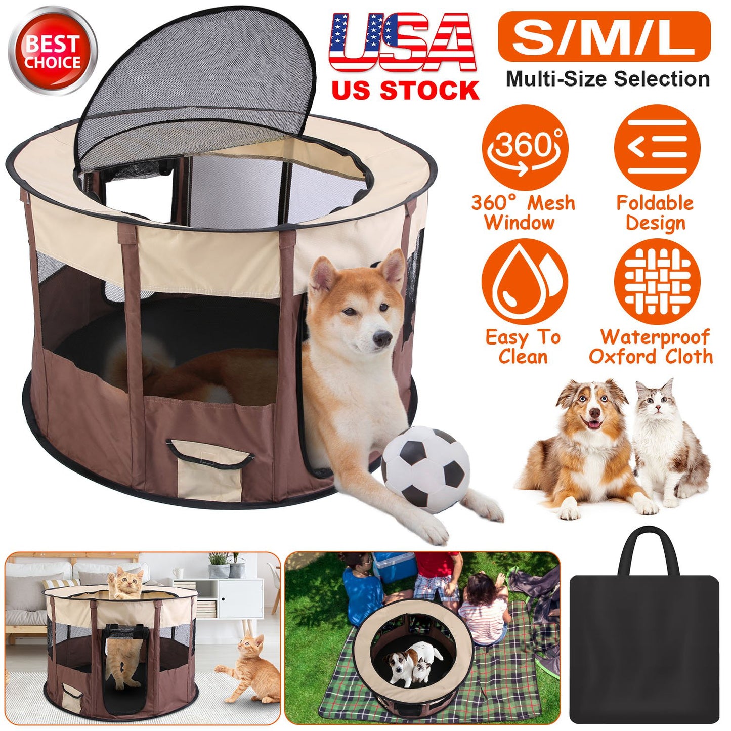 Foldable Playpen for Dog with Carry Bag Portable Travel Waterproof Indoor Outdoor Pet Cage Tent Detachable Upper Cover For Dog Cat Rabbit