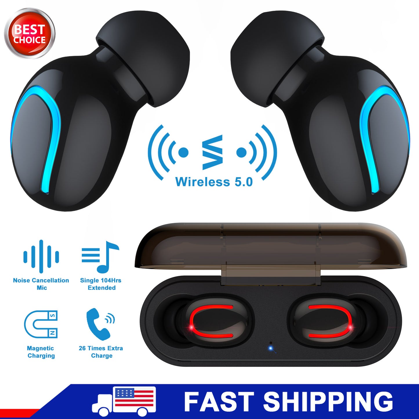TWS Wireless 5.0 Earbuds In-Ear Stereo Headset Noise Canceling Earphone Headsets w/Mic Magnetic Charging Dock for Driving Working Travelling