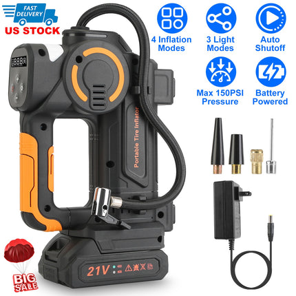 140W 150PSI 21V Battery Powered Tire Inflator Cordless Air Pump  Digital Air Compressor with LED Light for Cars Motorcycles Bicycles Balls