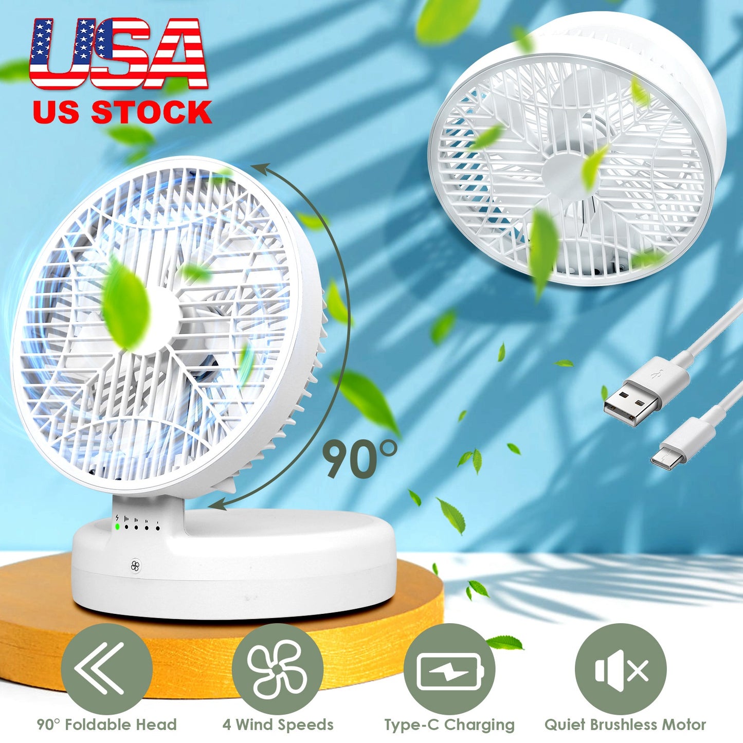 Quiet Table Fan 90¡ Foldable Desk Fan with 4 Wind Speeds Type-C Rechargeable Wall-Mounted Fan Portable Desktop Fan for Home Bedroom Kitchen Office Out