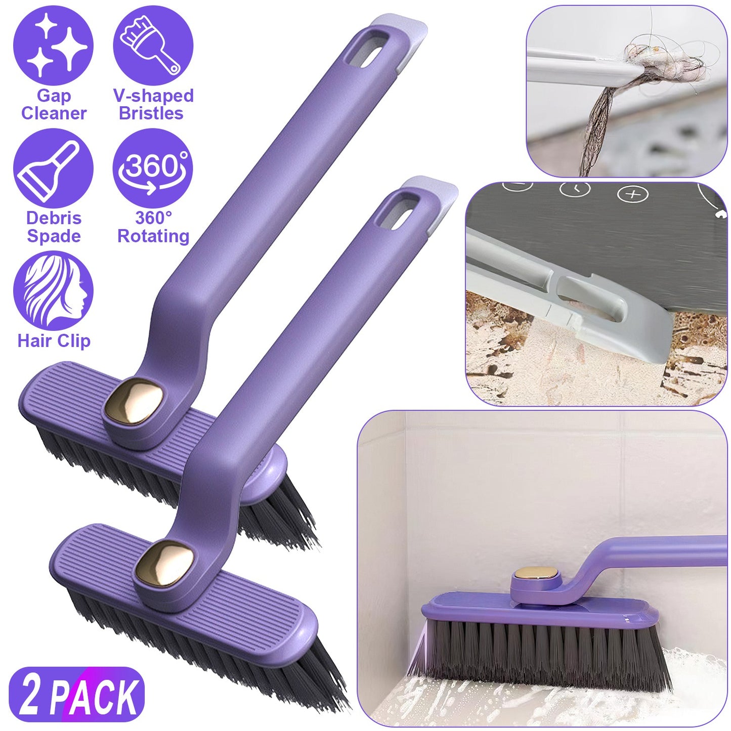 2 Pack Multi-Function Rotating Crevice Cleaning Brush Stiff Bristle Brush Gap Cleaner with 2-In-1 Clip and Spade for Tight Spaces Bathroom Kitchen