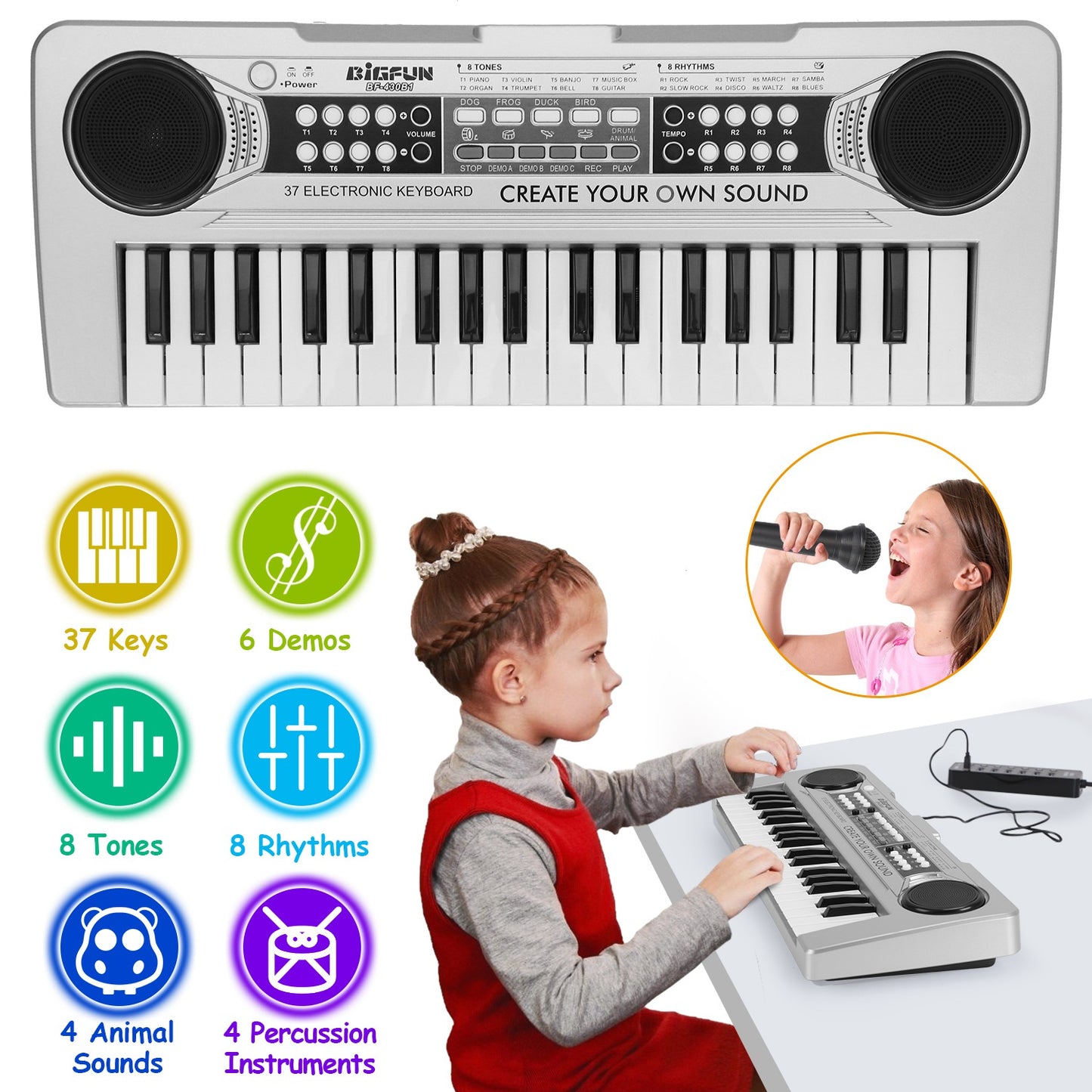 37 Keys Digital Music Electronic Keyboard Electric Piano Musical Instrument Kids Learning Keyboard with Microphone for 3-10 Year Old Kids Girls Boys