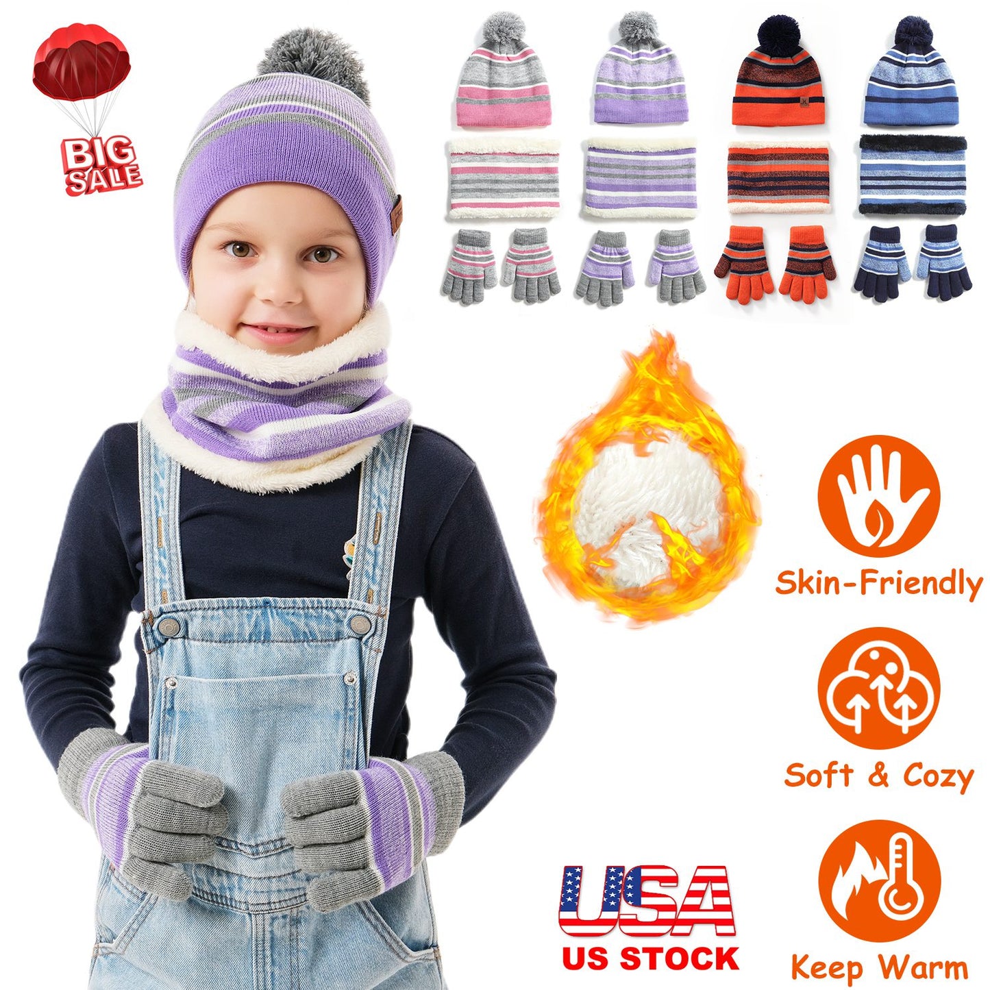 Winter Kids Knitted Hat Scarf Gloves 3Pcs Boys Girls Winter Warm Beanie Hat and Glove Scarf Set Beanie Neck Warmer Mittens for 4-7-Year-Old Kids