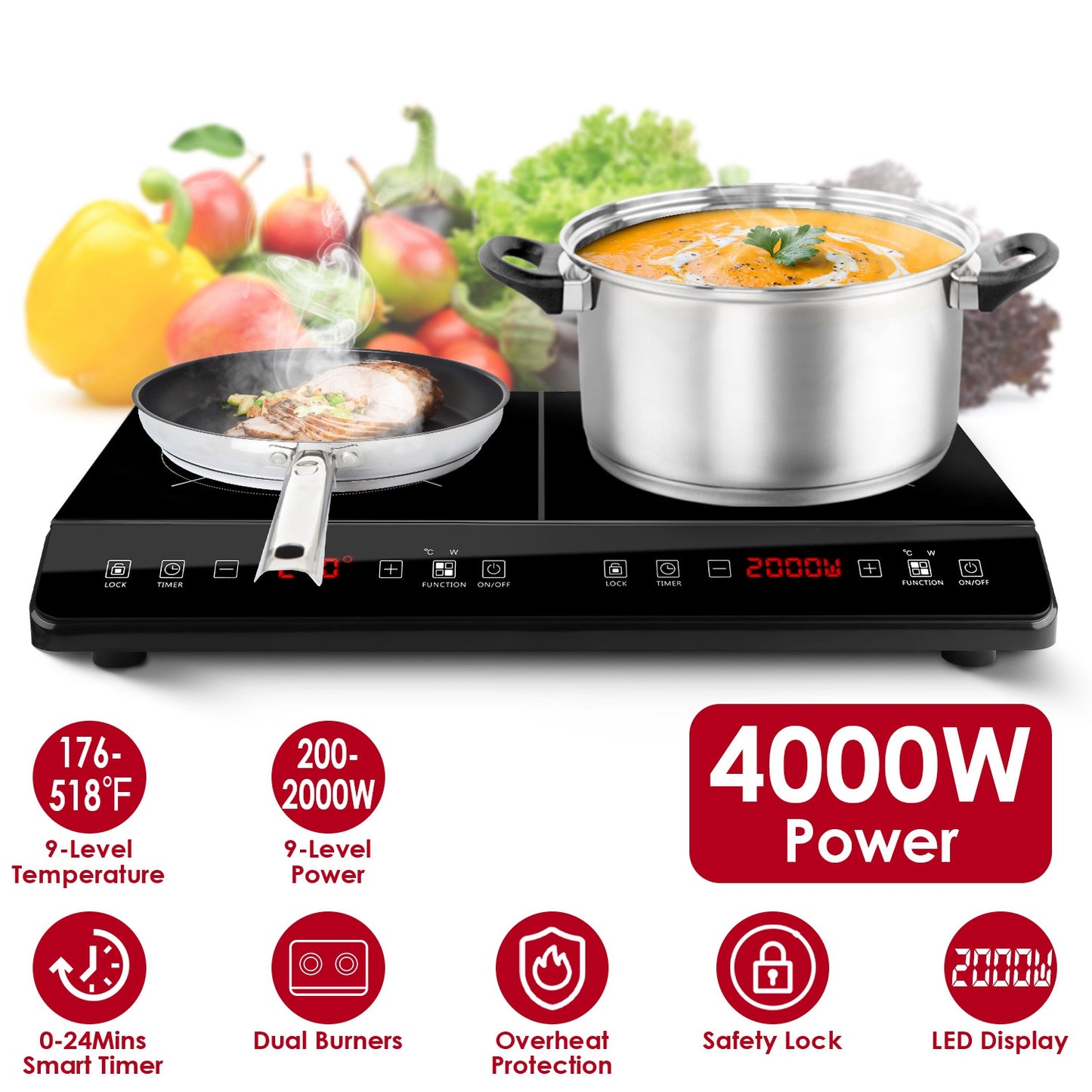 4000W Induction Cooktop Portable Double Induction Cooker Electric Dual Burner Stove Countertop Hot Plate with 9 Power 9 Temperature 0-3H Timer