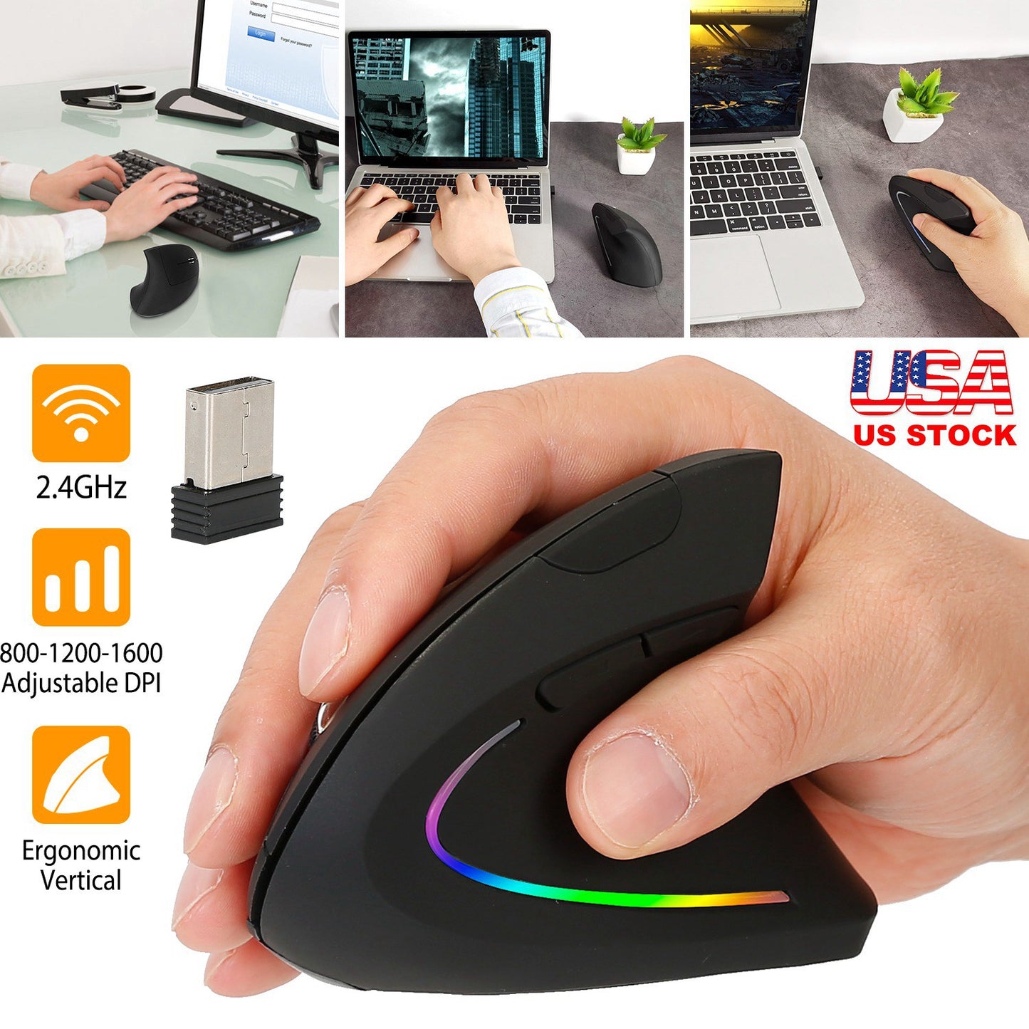 2.4G Wireless Vertical Mouse Ergonomic Optical Mice w/ 6 Buttons 3 Adjustable DPI 800/1200/1600 Levels for Laptop PC Computer