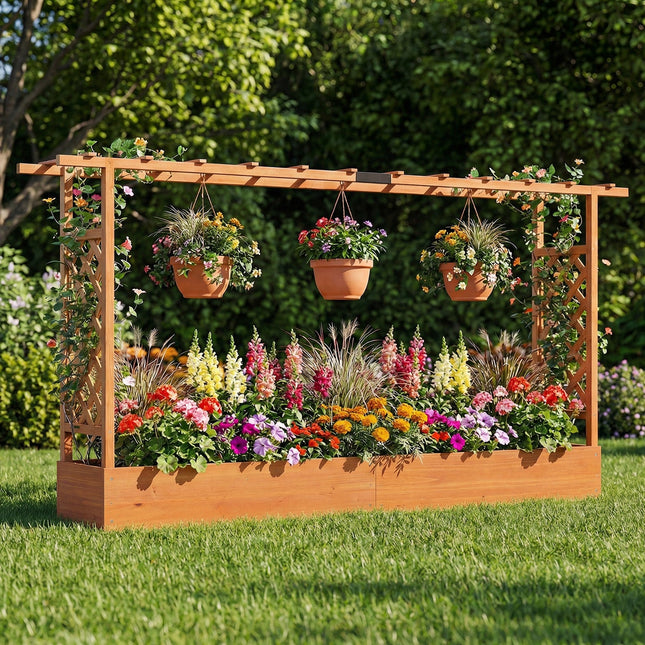 45 Inch Tall Wooden Raised Garden Bed with Side Trellis and Hanging Roof Drainage Holes