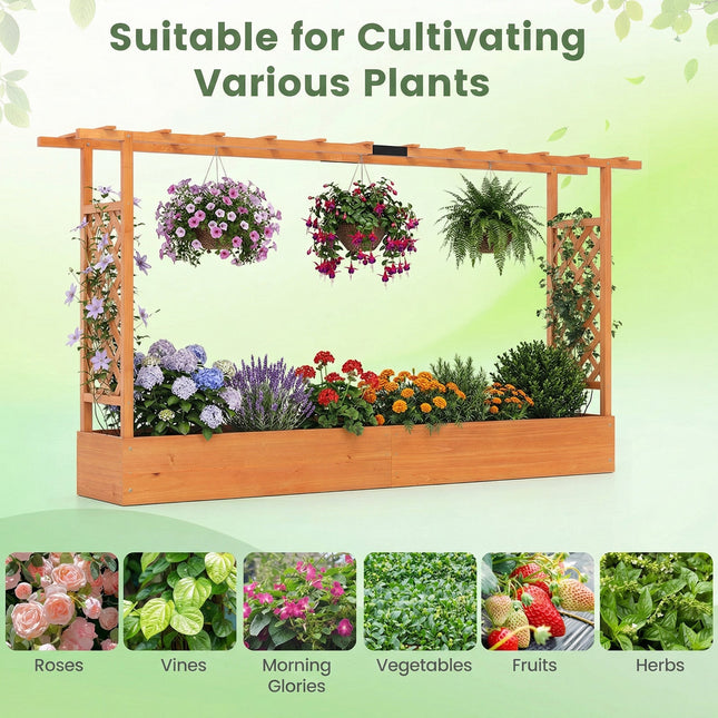 45 Inch Tall Wooden Raised Garden Bed with Side Trellis and Hanging Roof Drainage Holes