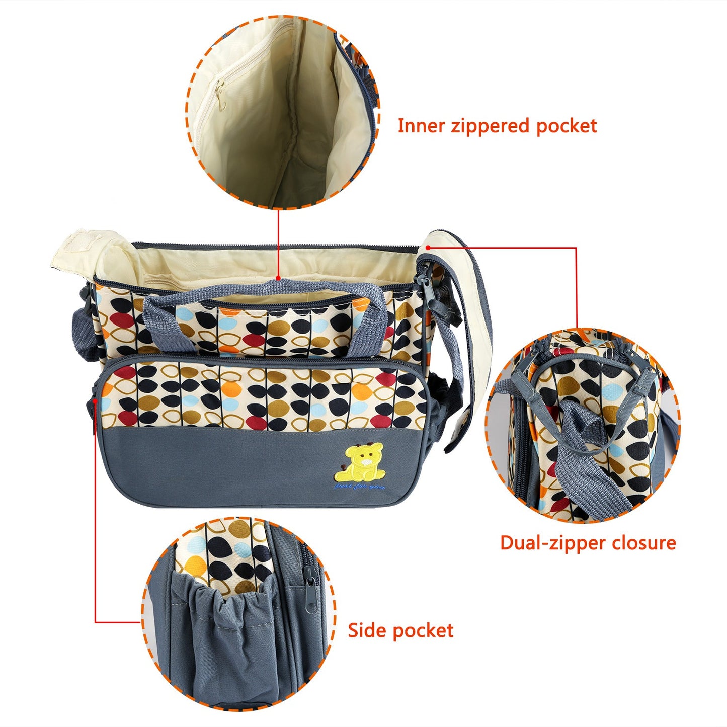 5PCS Baby Nappy Diaper Bags Set Mummy Diaper Shoulder Bags w/ Nappy Changing Pad Insulated Pockets Travel Tote Bags For Mom Dad