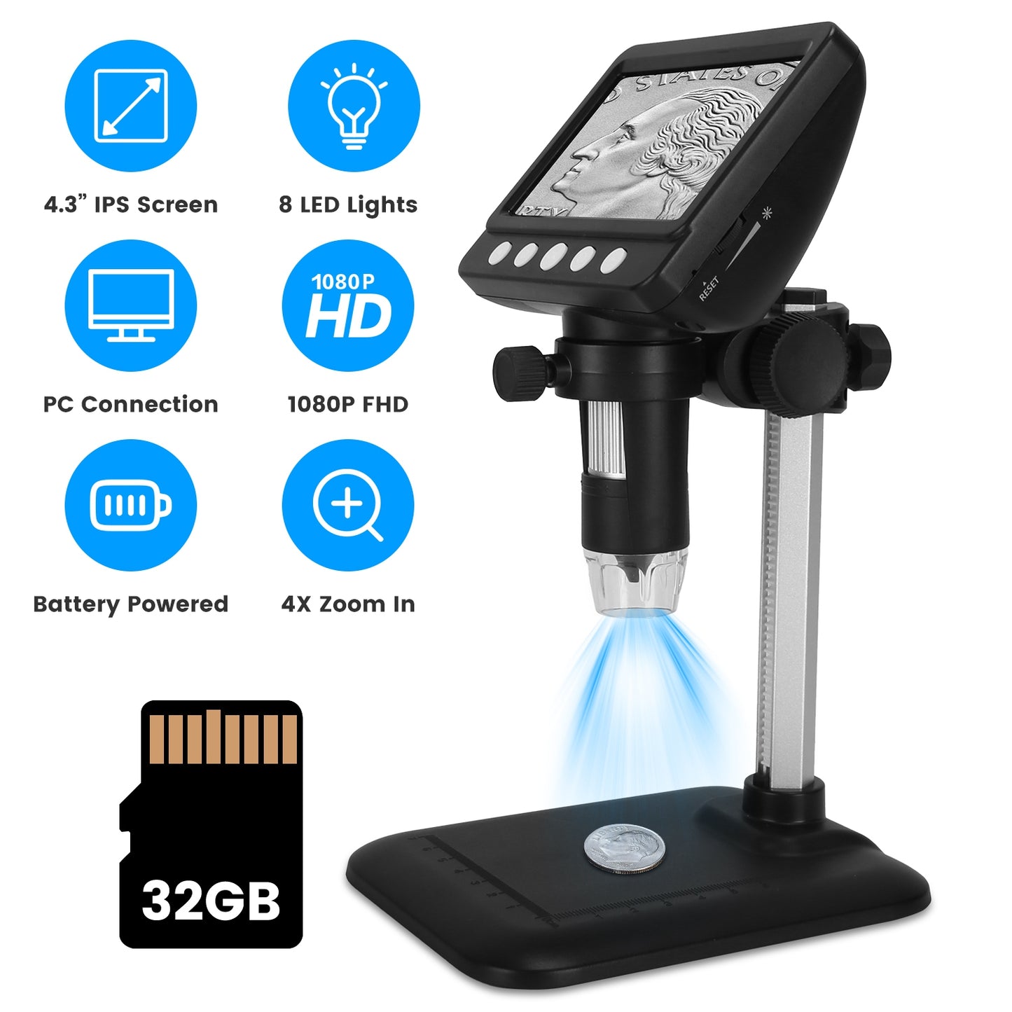 4.3Inch LCD Digital Microscope 1000X 1080P Photo Video Error Coin Magnifier with 8 Dimmable LED Lights PC Views Compatible with MacOS Windows Included