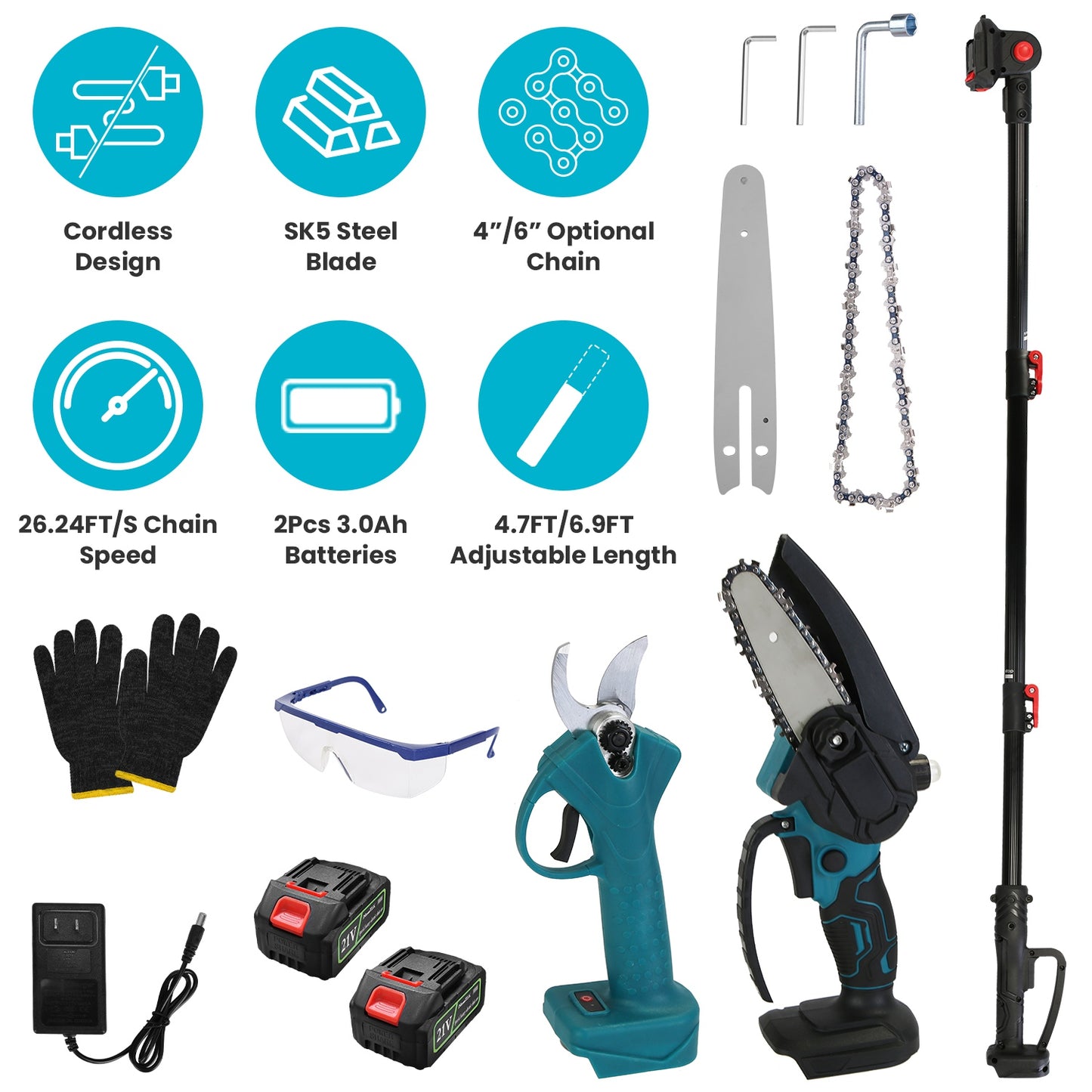4 in 1 Cordless Pruning Shear and Electric Chainsaw With Max 5.5FT Extension Poles 4Ó/6Ó Pole Saw SK5 Blade Brushless Pruning Shear With 2Pcs 3.0Ah Ba